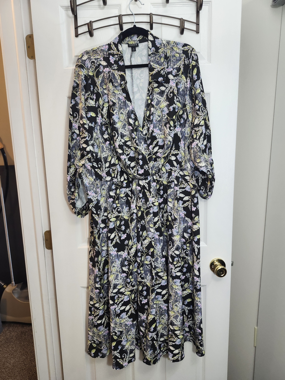 Torrid Black Floral Wrap Midi Dress with Pastel Accents, Torrid 3 = 3X